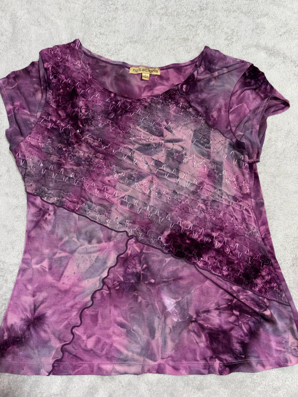 Notations Purple Tie-Dye Short Sleeve Top with Diagonal Overlay
